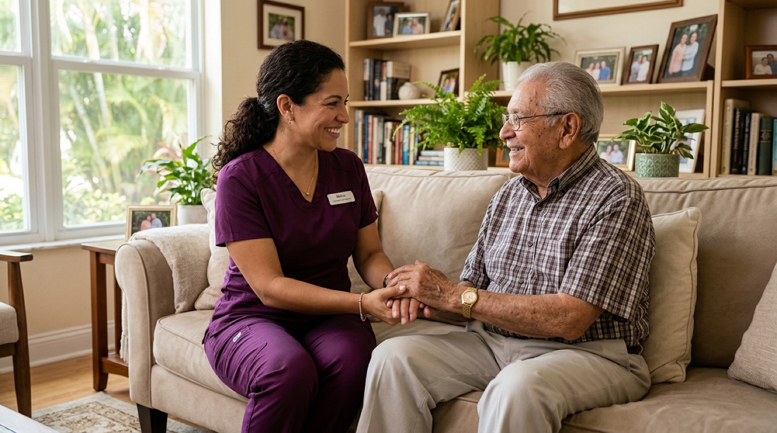 Caregiver holding hands with a senior woman, sharing a conversation in Spanish
