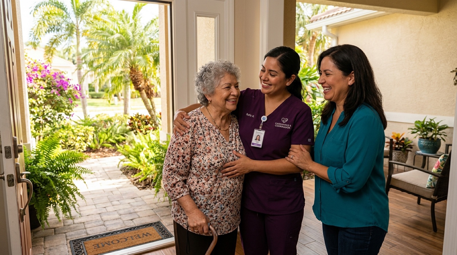 Three generations of a family laughing together at home