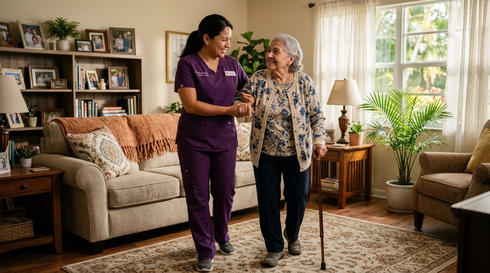 Professional caregiver sharing a warm moment with a senior client at home